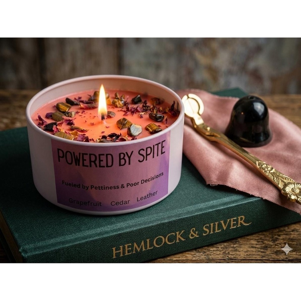 Powered by Spite Candle, Grapefruit Cedar Leather Scent, Tigers Eye Crystals